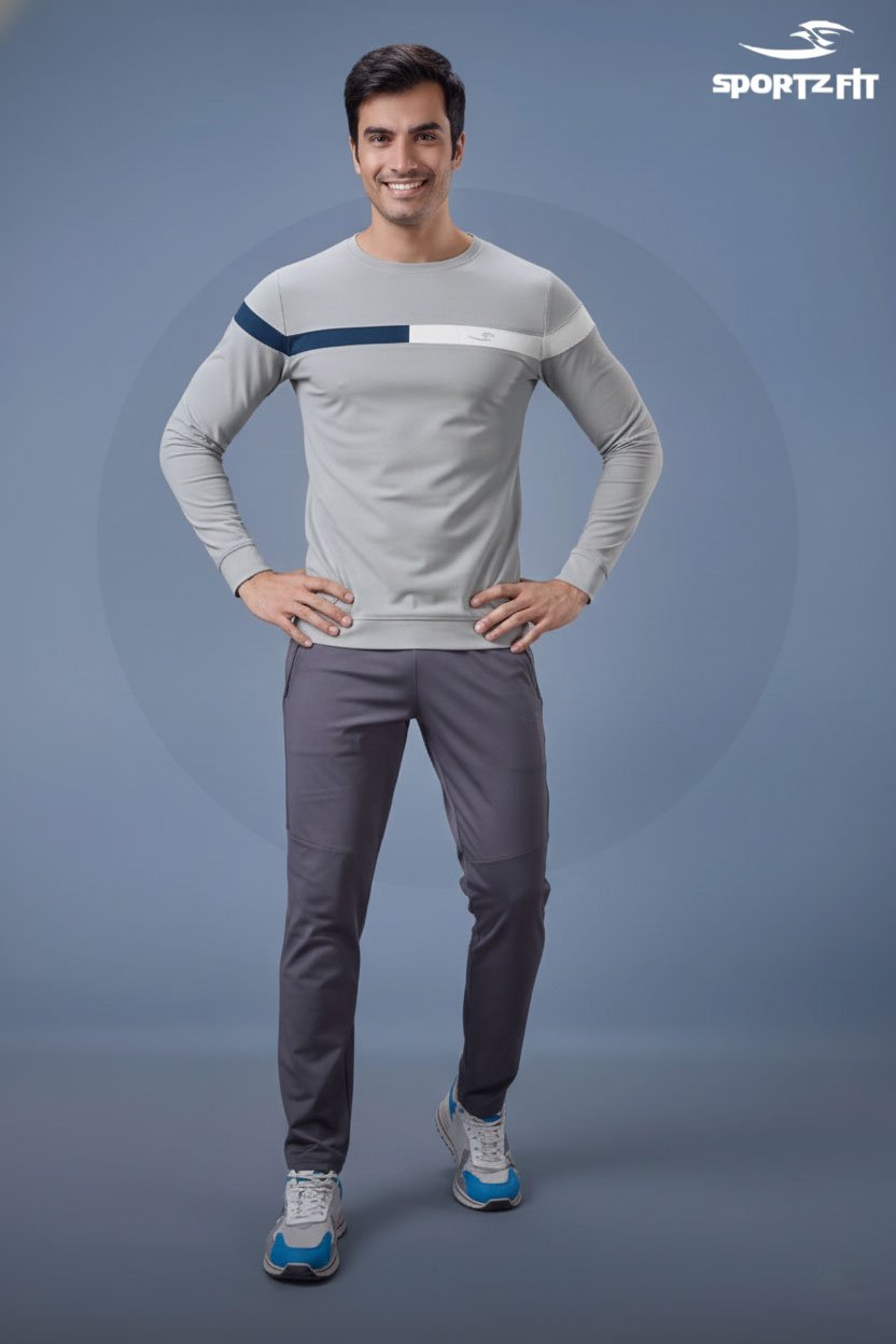 Men Round Neck Full Sleeve T-Shirt - Light Grey | L | SBT58